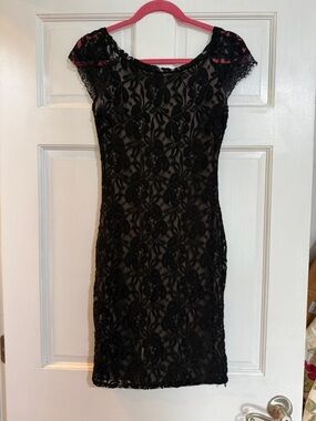 Black Lace Cap-Sleeve Mini Dress